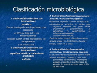 Clasificación microbiológica
                                              3. Endocarditis infecciosa frecuentemente
    1. Endocarditis infecciosa con            asociada a hemocultivos negativos
                 hemocultivos                 Organismos exigentes, como los estreptococos
                 positivos                    nutricionalmente variantes, los bacilos gram
                                                   negativos exigentes del grupo HACEK
Ésta es la categoría más importante, pues
                                                   (Haemophilus        parainfluenzae,        H.
                   representa                      aphrophilus,     H.     paraphrophilus,    H.
        un 85% de toda la EI. Los                  influenzae,Actinobacillus
                microorganismos                    actinomycetemcomitans,
 causales suelen ser los estafilococos, los   Cardiobacterium hominis, Eikenella corrodens,
                 estreptococos                Kingella kingae y K. denitrificans), Brucella y
             y los enterococos.               hongos, suelen ser la causa.

    2. Endocarditis infecciosa con
                                              4. Endocarditis infecciosa asociada a
                 hemocultivos
                                              hemocultivos constantemente negativos
   negativos debido a tratamiento
                                              La causan bacterias intracelulares como Coxiella
                  antibiótico
                                              burnetii, Bartonella, Clamydia y, como se ha
                  anterior                        demostrado recientemente, Tropheryma
                                                  whipplei, el agente de la enfermedad de

                                                  Whipple. En general, suponen hasta el 5%
                                                  de toda la EI.
 