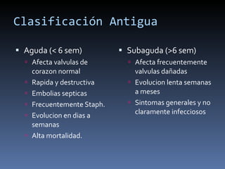 Clasificación Antigua <ul><li>Aguda (< 6 sem) </li></ul><ul><ul><li>Afecta valvulas de corazon normal </li></ul></ul><ul><...