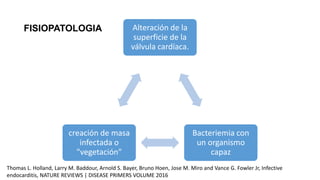 FISIOPATOLOGIA Alteración de la
superficie de la
válvula cardíaca.
Bacteriemia con
un organismo
capaz
creación de masa
infectada o
"vegetación"
Thomas L. Holland, Larry M. Baddour, Arnold S. Bayer, Bruno Hoen, Jose M. Miro and Vance G. Fowler Jr, Infective
endocarditis, NATURE REVIEWS | DISEASE PRIMERS VOLUME 2016
 
