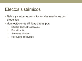 Efectos sistémicos
• Fiebre y síntomas constitucionales mediados por
  citoquinas
• Manifestaciones clínicas dadas por:
  1.   Efectos destructivos locales
  2.   Embolización
  3.   Siembras distales
  4.   Respuesta anticuerpo
 
