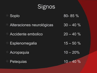 Signos
   Soplo                       80- 85 %

   Alteraciones neurológicas   30 – 40 %

   Accidente embolico          20 – 40 %

   Esplenomegalia              15 – 50 %

   Acropaquia                  10 – 20%

   Petequias                   10 – 40 %
 