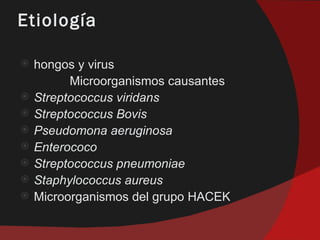 Etiología

   hongos y virus
          Microorganismos causantes
   Streptococcus viridans
   Streptococcus Bovis
   Pseudomona aeruginosa
   Enterococo
   Streptococcus pneumoniae
   Staphylococcus aureus
   Microorganismos del grupo HACEK
 