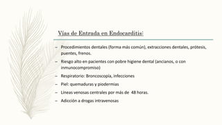 Vías de Entrada en Endocarditis:
– Procedimientos dentales (forma más común), extracciones dentales, prótesis,
puentes, frenos.
– Riesgo alto en pacientes con pobre higiene dental (ancianos, o con
inmunocompromiso)
– Respiratorio: Broncoscopía, infecciones
– Piel: quemaduras y piodermias
– Líneas venosas centrales por más de 48 horas.
– Adicción a drogas intravenosas
 