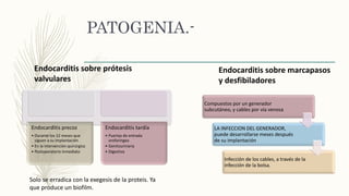 PATOGENIA.-
Endocarditis sobre prótesis
valvulares
Endocarditis precoz
• Durante los 12 meses que
siguen a su implantación
• En la intervención quirúrgica
• Postoperatorio inmediato
Endocarditis tardía
• Puertas de entrada
orofaríngea
• Genitourinaria
• Digestiva
Endocarditis sobre marcapasos
y desfibiladores
Compuestos por un generador
subcutáneo, y cables por vía venosa
LA INFECCION DEL GENERADOR,
puede desarrollarse meses después
de su implantación
Infección de los cables, a través de la
infección de la bolsa.
Solo se erradica con la exegesis de la proteis. Ya
que produce un biofilm.
 