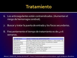 6. Los anticoagulantes están contraindicados. (Aumentan el
riesgo de hemorragia cerebral).
7. Buscar y tratar la puerta de entrada y los focos secundarios.
8. Frecuentemente el tiempo de tratamiento es de 4 a 6
semanas.
MensaJ., GatellJ.M., Jiménez de Anta M.T., Prats G.Guía de terapéutica antimicrobiana. 1998. Ed Masson. Barcelona.
 