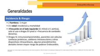 Generalidades
Incidencia & Riesgo:
• 2 hombres: 1 mujer
• A > edad >incidencia y mortalidad
• >Frecuente en el lado izquierdo (V. mitral o V. aortica),
solo el uso e drogas EV pred a > frecuencia de cavidades
derechas.
• Drogas IV, inmunocomprometidos, pacientes con válvulas
cardíacas protésicas, catéteres intravasculares y otros
dispositivos intracardiacos, algunos procedimientos
dentales tienen mayor riesgo de padecer Endocarditis.
Dra. Katherine Rivera R2C
Endocarditis Infecciosa
Chen H, Zhan Y et al. The Global, Regional, and National Burden and Trends of Infective Endocarditis From 1990 to 2019: Results From the Global Burden of Disease Study 2019. Front Med (Lausanne). 2022 Mar 9;9:774224. doi: 10.3389/fmed.2022.774224. PMID: 35355601; PMCID:
PMC8959916.
 