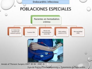 POBLACIONES ESPECIALES 
Pacientes en hemodialisis 
crónica 
2-3 veces mas 
frecuente que 
población general 
S.aureus 50% 
Válvula más 
frecuentemente: 
mitral 49% 
Falla cardiaca: 
común en 31% 
Alta mortalidad 
(49%) 
Endocarditis infecciosa 
Annals of Thoracic Surgery 2007; 83 (6) : 2081-6. 
Guia de Práctica Clínica Diagnóstico y Tratamiento de Endocarditis 
Infecciosa 2010 
 