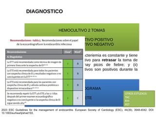 DIAGNOSTICO
HEMOCULTIVO 2 TOMAS
EI CON HEMOCULTIVO POSITIVO
EI CON HEMOCULTIVO NEGATIVO
En la endocarditis infecciosa la bacteriemia es constante y tiene
dos implicaciones: (i) no hay motivo para retrasar la toma de
muestras de sangre cuando hay picos de fiebre; y (ii)
prácticamente todos los hemocultivos son positivos durante la
bacteriemia.
ECOCARDIOGRAMA
ETT O ETE
2023 ESC Guidelines for the management of endocarditis. European Society of Cardiology (ESC), 44(39), 3948-4042. DOI:
10.1093/eurheartj/ehad193.
OTROS ESTUDIOS:
TAC
RM
PET
 
