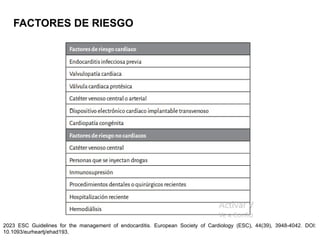 FACTORES DE RIESGO
2023 ESC Guidelines for the management of endocarditis. European Society of Cardiology (ESC), 44(39), 3948-4042. DOI:
10.1093/eurheartj/ehad193.
 