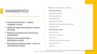 DIAGNOSTICO
• Presentación variable - > agudo,
subagudo, crónico
• Fiebre de origen desconocido + factores
de riesgo
• Fiebre es el síntoma más común de la
presentación
• Paciente inmunosuprimido ->
presentación atípica
• No hay biomarcadores útiles -> rol en la
severidad de la sepsis
2023 ESC Guidelines for the management of endocarditis
 