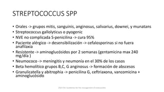 STREPTOCOCCUS SPP
• Orales -> grupos mitis, sanguinis, anginosus, salivarius, downei, y munatans
• Streptococcus gallolyticus o pyogenic
• NVE no complicada S-penicilina -> cura 95%
• Paciente alérgico -> desensibilización -> cefalosporinas si no fuera
anafilaxia
• Resistente -> aminoglucósidos por 2 semanas (gentamicina max 240
mg/día )
• Neumococo -> meningitis y neumonía en el 30% de los casos
• Beta hemolítico grupos B,C, G anginosus -> formación de abscesos
• Granulicatella y abitrophia -> penicilina G, ceftriaxona, vancomicina +
aminoglucósido
2023 ESC Guidelines for the management of endocarditis
 