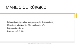MANEJO QUIRÚRGICO
• Falla cardiaca, control de foco, prevención de embolismo
• Mejoría de sobrevida del 20% en el primer año
• Emergencia -> 24 hrs
• Urgencia -> 3 -5 días
2023 ESC Guidelines for the management of endocarditis
 
