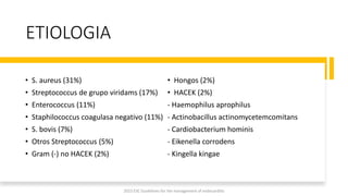 ETIOLOGIA
• S. aureus (31%)
• Streptococcus de grupo viridams (17%)
• Enterococcus (11%)
• Staphilococcus coagulasa negativo (11%)
• S. bovis (7%)
• Otros Streptococcus (5%)
• Gram (-) no HACEK (2%)
• Hongos (2%)
• HACEK (2%)
- Haemophilus aprophilus
- Actinobacillus actinomycetemcomitans
- Cardiobacterium hominis
- Eikenella corrodens
- Kingella kingae
2023 ESC Guidelines for the management of endocarditis
 