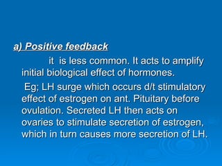 a) Positive feedback
a) Positive feedback
it is less common. It acts to amplify
it is less common. It acts to amplify
initial biological effect of hormones.
initial biological effect of hormones.
Eg; LH surge which occurs d/t stimulatory
Eg; LH surge which occurs d/t stimulatory
effect of estrogen on ant. Pituitary before
effect of estrogen on ant. Pituitary before
ovulation. Secreted LH then acts on
ovulation. Secreted LH then acts on
ovaries to stimulate secretion of estrogen,
ovaries to stimulate secretion of estrogen,
which in turn causes more secretion of LH.
which in turn causes more secretion of LH.
 