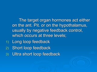 The target organ hormones act either
The target organ hormones act either
on the ant. Pit. or on the hypothalamus,
on the ant. Pit. or on the hypothalamus,
usually by negative feedback control,
usually by negative feedback control,
which occurs at three levels;
which occurs at three levels;
1)
1) Long loop feedback
Long loop feedback
2)
2) Short loop feedback
Short loop feedback
3)
3) Ultra short loop feedback
Ultra short loop feedback
 