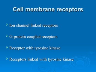 Cell membrane receptors
Cell membrane receptors
 Ion channel linked receptors
Ion channel linked receptors
 G-protein coupled receptors
G-protein coupled receptors
 Receptor with tyrosine kinase
Receptor with tyrosine kinase
 Receptors linked with tyrosine kinase
Receptors linked with tyrosine kinase
 