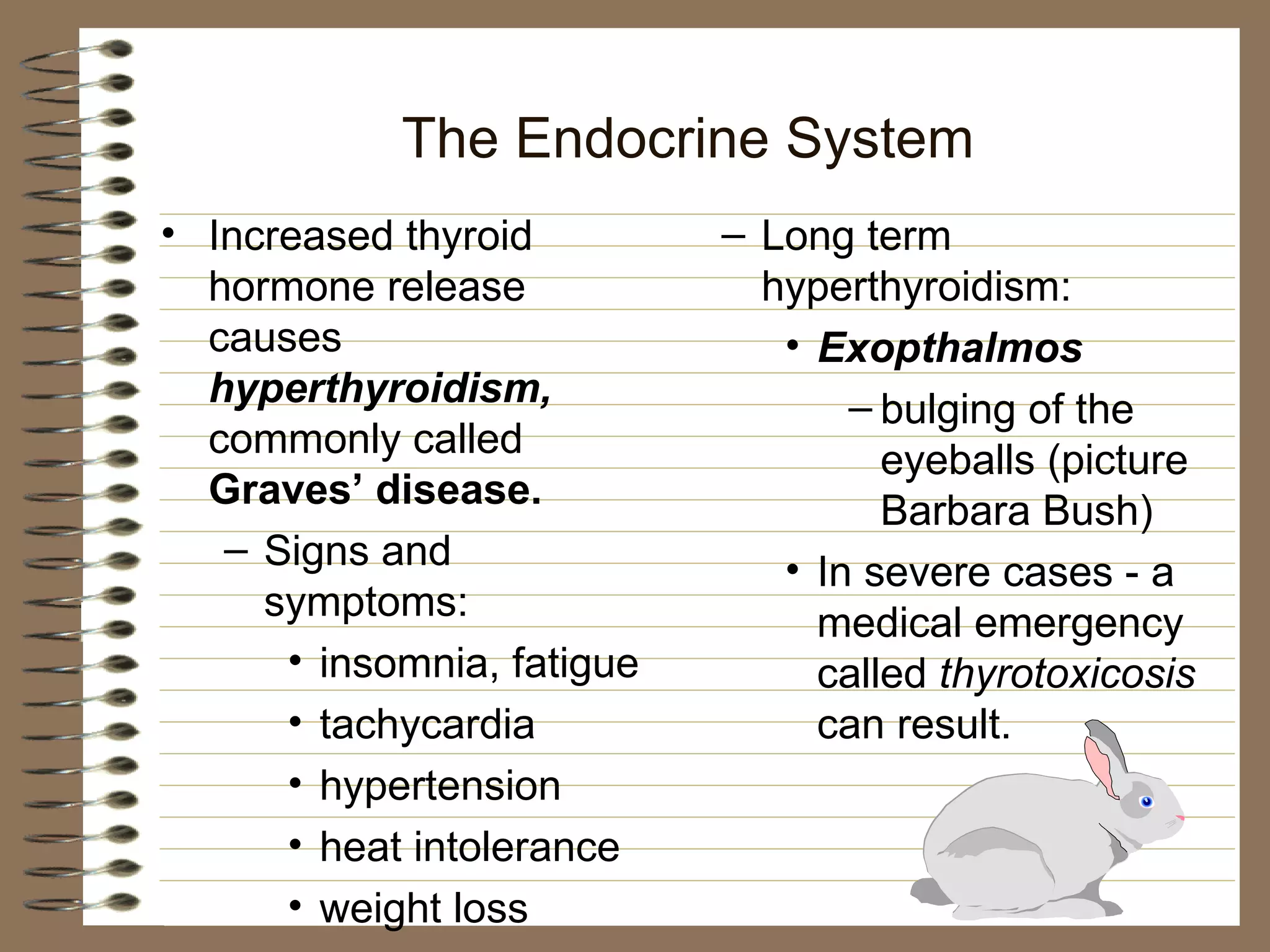 The Endocrine System Increased thyroid hormone release causes  hyperthyroidism,  commonly called  Graves’ disease.  Signs and symptoms: insomnia, fatigue tachycardia hypertension heat intolerance weight loss  Long term hyperthyroidism: Exopthalmos bulging of the eyeballs (picture Barbara Bush) In severe cases - a medical emergency called  thyrotoxicosis  can result. 