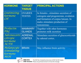 HORMONE      TARGET        PRINCIPAL ACTIONS
             TISSUE
+,8 OVARIES       In females , stimulates secretion of
$8     TESTES        estrogens and progesterone, ovulation
+                         and formation of corpus luteum. In
                           males stimulates production of
                           testosterone.
- 8   MAMMARY       Together with other hormones
-6+8         GLANDS        promotes milk secretion
E ADRENAL        Stimulates secretion of glucocorticoids
8    CORTEX        by adrenal cortex.
$8
5B8
C 8 BRAIN          May influence brain activity.
)$ 8
$8
C9
                       T iP F liCetd yr les n f D -lP F rao.
                       h D - es rae b tavro o P F i D Cetr
                         s              i    i     Fe
                       P ae s p r ae vro t rmoe h mesg .
                        l s ue uc sd es n o e v ti s e
                        e        h     i         s   a
 