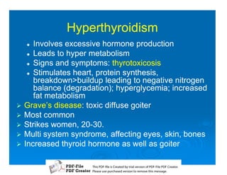 Hyperthyroidism
    2  Involves excessive hormone production
     2 Leads to hyper metabolism

     2 Signs and symptoms: thyrotoxicosis

     2 Stimulates heart, protein synthesis,
       breakdownbuildup leading to negative nitrogen
       balance (degradation); hyperglycemia; increased
       fat metabolism
1   Grave’s disease: toxic diffuse goiter
             disease:
1   Most common
1   Strikes women, 20-30.
                    20-
1   Multi system syndrome, affecting eyes, skin, bones
1   Increased thyroid hormone as well as goiter

                      T iP F liCetd yr les n f D -lP F rao.
                      h D - es rae b tavro o P F i D Cetr
                        s              i    i     Fe
                      P ae s p r ae vro t rmoe h mesg .
                       l s ue uc sd es n o e v ti s e
                       e        h     i         s   a
 