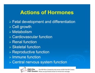 Actions of Hormones
1 Fetal development and differentiation
1 Cell growth
1 Metabolism
1 Cardiovascular function
1 Renal function
1 Skeletal function
1 Reproductive function
1 Immune function
1 Central nervous system function

                 T iP F liCetd yr les n f D -lP F rao.
                 h D - es rae b tavro o P F i D Cetr
                   s              i    i     Fe
                 P ae s p r ae vro t rmoe h mesg .
                  l s ue uc sd es n o e v ti s e
                  e        h     i         s   a
 