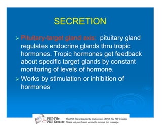 SECRETION
1 Pituitary-target
  Pituitary-      gland axis: pituitary gland
  regulates endocrine glands thru tropic
  hormones. Tropic hormones get feedback
  about specific target glands by constant
  monitoring of levels of hormone.
1 Works by stimulation or inhibition of
  hormones



                     T iP F liCetd yr les n f D -lP F rao.
                     h D - es rae b tavro o P F i D Cetr
                       s              i    i     Fe
                     P ae s p r ae vro t rmoe h mesg .
                      l s ue uc sd es n o e v ti s e
                      e        h     i         s   a
 