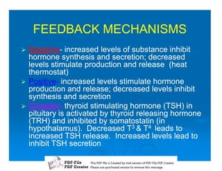 FEEDBACK MECHANISMS
1 Negative-
  Negative- increased levels of substance inhibit
  hormone synthesis and secretion; decreased
  levels stimulate production and release (heat
  thermostat)
1 Positive- increased levels stimulate hormone
  Positive-
  production and release; decreased levels inhibit
  synthesis and secretion
1 Complex- thyroid stimulating hormone (TSH) in
  Complex-
  pituitary is activated by thyroid releasing hormone
  (TRH) and inhibited by somatostatin (in
  hypothalamus). Decreased T3  T4 leads to
  increased TSH release. Increased levels lead to
  inhibit TSH secretion

                    T iP F liCetd yr les n f D -lP F rao.
                    h D - es rae b tavro o P F i D Cetr
                      s              i    i     Fe
                    P ae s p r ae vro t rmoe h mesg .
                     l s ue uc sd es n o e v ti s e
                     e        h     i         s   a
 