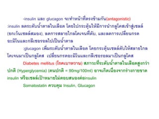-insulin และ glucagon จะทา หน้าที่ตรงข้ามกัน(antagonistic) 
:insulin ลดระดับน้าตาลในเลือด โดยไปกระตุ้นให้มีการนากลูโคสเข้าสู่เซลล์ 
(ยกเว้นเซลล์สมอง), ลดการสลายไกลโคเจนที่ตับ, และลดการเปลี่ยนกรด 
อะมิโนและกลีเซอรอลไปเป็นน้าตาล 
:glucagon เพิ่มระดับน้าตาลในเลือด โดยกระตุ้นเซลล์ตับให้สลายไกล 
โคเจนมาเป็นกลูโคส เปลี่ยนกรดอะมิโนและกลีเซอรอลมาเป็นกลูโคส 
Diabetes mellitus (โรคเบาหวาน) สภาวะที่ระดับน้าตาลในเลือดสูงกว่า 
ปกติ (Hyperglycemia) (คนปกติ = 90mg/100ml) อาจเกิดเนื่องจากร่างกายขาด 
insulin หรือเซลล์เป้ าหมายไม่ตอบสนองต่อinsulin 
Somatostatin ควบคุม Insulin, Glucagon 
 