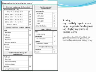 Scoring.
<25 : unlikely thyroid storm
25-44 : supports the diagnosis
>45 : highly suggestive of
thyroid storm
Adapted from: Burch HB, Wartofsky L. Life
threatening thyrotoxicosis. Thyroid storm.
Endocrinol Metab Clin North Am 1993: 22:263
 