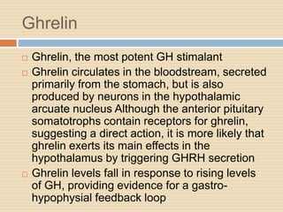 Ghrelin
 Ghrelin, the most potent GH stimalant
 Ghrelin circulates in the bloodstream, secreted
primarily from the stomach, but is also
produced by neurons in the hypothalamic
arcuate nucleus Although the anterior pituitary
somatotrophs contain receptors for ghrelin,
suggesting a direct action, it is more likely that
ghrelin exerts its main effects in the
hypothalamus by triggering GHRH secretion
 Ghrelin levels fall in response to rising levels
of GH, providing evidence for a gastro-
hypophysial feedback loop
 