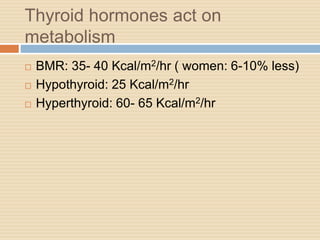 Thyroid hormones act on
metabolism
 BMR: 35- 40 Kcal/m2/hr ( women: 6-10% less)
 Hypothyroid: 25 Kcal/m2/hr
 Hyperthyroid: 60- 65 Kcal/m2/hr
 