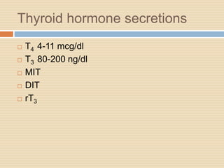 Thyroid hormone secretions
 T4 4-11 mcg/dl
 T3 80-200 ng/dl
 MIT
 DIT
 rT3
 