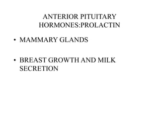 ANTERIOR PITUITARY
HORMONES:PROLACTIN
• MAMMARY GLANDS
• BREAST GROWTH AND MILK
SECRETION
 