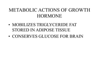 METABOLIC ACTIONS OF GROWTH
HORMONE
• MOBILIZES TRIGLYCERIDE FAT
STORED IN ADIPOSE TISSUE
• CONSERVES GLUCOSE FOR BRAIN
 