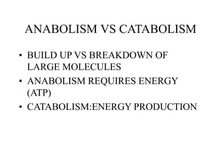 ANABOLISM VS CATABOLISM
• BUILD UP VS BREAKDOWN OF
LARGE MOLECULES
• ANABOLISM REQUIRES ENERGY
(ATP)
• CATABOLISM:ENERGY PRODUCTION
 