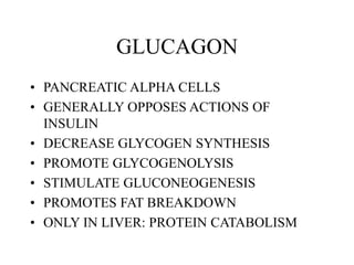 GLUCAGON
• PANCREATIC ALPHA CELLS
• GENERALLY OPPOSES ACTIONS OF
INSULIN
• DECREASE GLYCOGEN SYNTHESIS
• PROMOTE GLYCOGENOLYSIS
• STIMULATE GLUCONEOGENESIS
• PROMOTES FAT BREAKDOWN
• ONLY IN LIVER: PROTEIN CATABOLISM
 