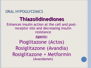 ORAL HYPOGLYCEMICS Thiazolidinediones Enhances insulin action at the cell and post-receptor site and decreasing insulin resistance Agents : Pioglitazone (Actos) Rosiglitazone (Avandia) Rosiglitazone + Metformin  (Avandamet) 