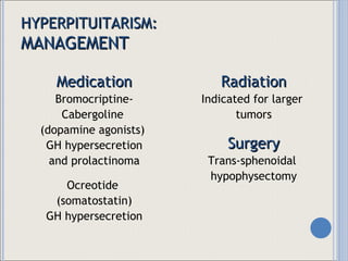HYPERPITUITARISM: MANAGEMENT Medication Bromocriptine- Cabergoline  (dopamine agonists)  GH hypersecretion and prolactinoma Ocreotide  (somatostatin) GH hypersecretion Radiation Indicated for larger  tumors Surgery Trans-sphenoidal  hypophysectomy 