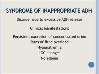 SYNDROME OF INAPPROPRIATE ADH Disorder due to excessive ADH release Clinical Manifestations Persistent excretion of concentrated urine Signs of fluid overload Hyponatremia LOC changes No edema 