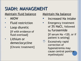 SIADH: MANAGEMENT Maintain fluid balance MIOW Fluid restriction Loop diuretic [If with evidence of fluid overload] Lithium or demeclocycline [Chronic treatment] Maintain Na balance Increased Na intake Emergency treatment of  3% NaCl,  followed by  furosemide [If serum Na <120, or if patient is seizing] Excessively rapid correction of hyponatremia may cause central pontine myelinolysis! 
