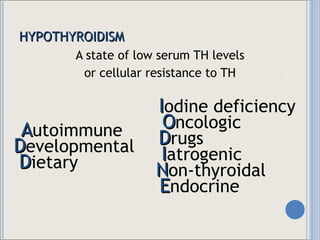 HYPOTHYROIDISM A state of low serum TH levels or cellular resistance to TH A utoimmune D evelopmental D ietary I odine deficiency O ncologic D rugs I atrogenic N on-thyroidal E ndocrine 