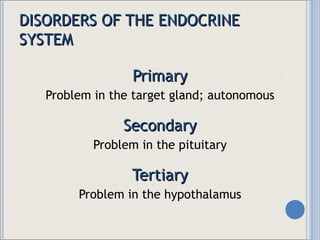 DISORDERS OF THE ENDOCRINE SYSTEM Primary Problem in the target gland; autonomous Secondary Problem in the pituitary Tertiary Problem in the hypothalamus 