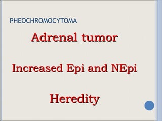 PHEOCHROMOCYTOMA Adrenal tumor Increased Epi and NEpi Heredity 