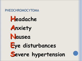 PHEOCHROMOCYTOMA H eadache A nxiety N ausea E ye disturbances S evere hypertension 