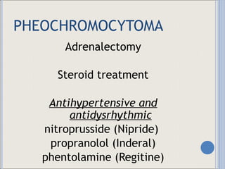 PHEOCHROMOCYTOMA Adrenalectomy Steroid treatment Antihypertensive and antidysrhythmic nitroprusside (Nipride)  propranolol (Inderal) phentolamine (Regitine) 