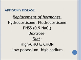 ADDISON'S DISEASE Replacement of hormones  Hydrocortisone; Fludrocortisone PNSS (0.9 NaCl) Dextrose  Diet : High-CHO & CHON Low potassium, high sodium 