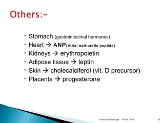  Stomach (gastrointestinal hormones)
 Heart  ANP(Atrial natriuretic peptide)
 Kidneys  erythropoietin
 Adipose tissue  leptin
 Skin  cholecalciferol (vit. D precursor)
 Placenta  progesterone
09 Jan. 2013Endocrine-Glands.ppt 42
 