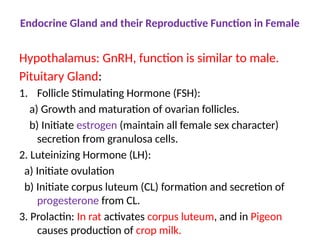 Endocrine Gland and their Reproductive Function in Female
Hypothalamus: GnRH, function is similar to male.
Pituitary Gland:
1. Follicle Stimulating Hormone (FSH):
a) Growth and maturation of ovarian follicles.
b) Initiate estrogen (maintain all female sex character)
secretion from granulosa cells.
2. Luteinizing Hormone (LH):
a) Initiate ovulation
b) Initiate corpus luteum (CL) formation and secretion of
progesterone from CL.
3. Prolactin: In rat activates corpus luteum, and in Pigeon
causes production of crop milk.
 