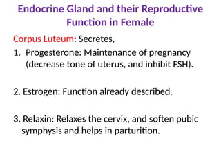 Endocrine Gland and their Reproductive
Function in Female
Corpus Luteum: Secretes,
1. Progesterone: Maintenance of pregnancy
(decrease tone of uterus, and inhibit FSH).
2. Estrogen: Function already described.
3. Relaxin: Relaxes the cervix, and soften pubic
symphysis and helps in parturition.
 