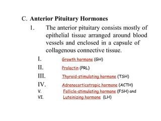 C. Anterior Pituitary Hormones
1. The anterior pituitary consists mostly of
epithelial tissue arranged around blood
vessels and enclosed in a capsule of
collagenous connective tissue.
I. Growth hormone (GH)
II. Prolactin (PRL)
III. Thyroid-stimulating hormone (TSH)
IV. Adrenocorticotropic hormone (ACTH)
V. Follicle-stimulating hormone (FSH) and
VI. Luteinizing hormone (LH)
 