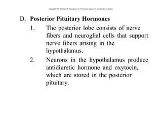 D. Posterior Pituitary Hormones
1. The posterior lobe consists of nerve
fibers and neuroglial cells that support
nerve fibers arising in the
hypothalamus.
2. Neurons in the hypothalamus produce
antidiuretic hormone and oxytocin,
which are stored in the posterior
pituitary.
Copyright©The McGraw-Hill Companies, Inc. Permission required for reproduction or display.
 